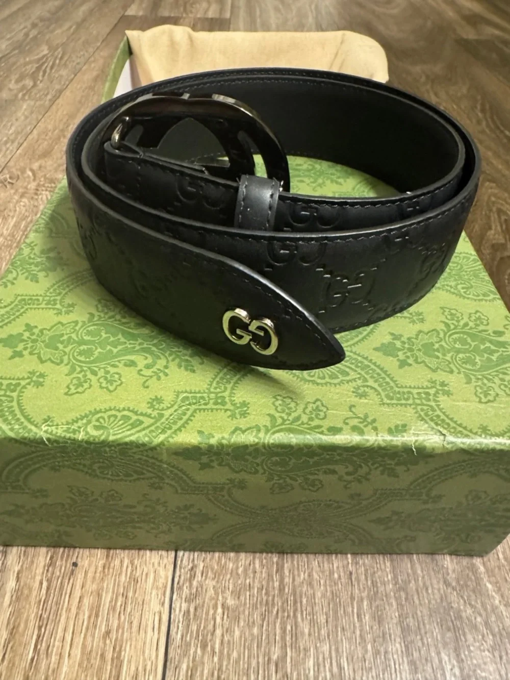 Gucci Black Embossed Leather Belt with Interlocking GG Buckle